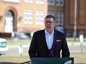 Saskatchewan Party leader Scott Moe makes a post-secondary scholarship announcement in front of Moose Jaw's Saskatchewan Polytechnic campus on Oct. 2, 2020. Evan Radford/Regina Leader-Post