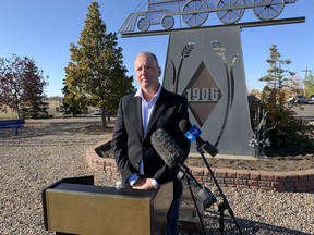 Wade Sira, interim leader of the Buffalo Party of Saskatchewan, announces the launch of the party's first campaign platform in Warman, Saskatchewan on Monday, Oct. 5, 2020. The party was formerly known as Wexit Saskatchewan. (Phil Tank/The StarPhoenix)