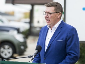Saskatchewan Party Leader Scott Moe speaks at a campaign event in Saskatoon on October 6, 2020.