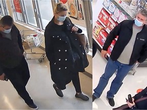 Photos provided by the Regina Police Service showing three suspects in a substantial theft of tooth whitening products from a Regina business on Sept. 26, 2020. (submitted photo)