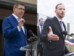 Sask. Party leader Scott Moe, left, and NDP leader Ryan Meili.