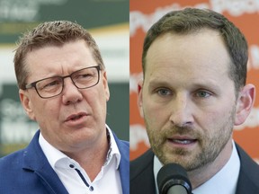 A big lead means Saskatchewan Party leader Scott Moe (left) may face more scrutiny than NDP leader Ryan Meili in the second half of the 2020 provincial election campaign. TROY FLEECE / Regina Leader-Post