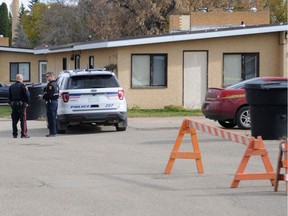 Prince Albert has seen two shooting deaths this past week. In the photo, police tape surrounds a parking lot at a private lodge as Prince Albert police investigate a fatal shooting on Oct. 7, 2020. The death of a 28-year-old man in the shooting is being investigated by police as a homicide. This weekend, an 18-year-old man was found dead, and an 18-year-old woman is charged with manslaughter related to his death. (Peter Lozinski / Prince Albert Daily Herald)