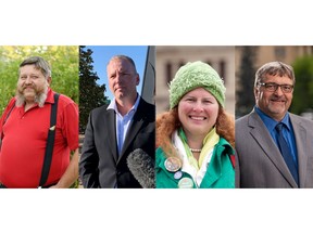 A composite image of 4 party leaders in the Saskatchewan provincial election. Robert Rudachyk , interim leader of the Sask. Liberal Party, from left, Wade Sira, interim leader of the Buffalo Party of Saskatchewan, Naomi Hunter, leader of the Green Party and Ken Grey, Progressive Conservative Party of Saskatchewan leader.