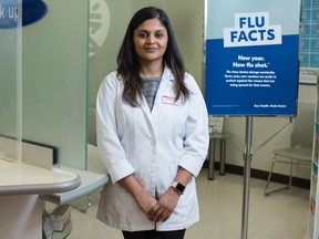 Pharmacist Deviyani Patel stands in the Shopper's Drug Mart in Emerald Park, Saskatchewan on Oct. 14, 2020.