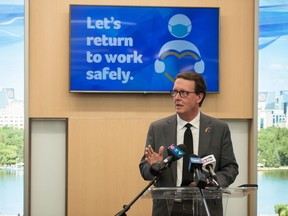 Regina mayor Michael Fougere speaks regarding a city transit driver's positive test for COVID-19 and the potential for enforced mandatory mask policy on city transit during a news conference at City Hall in Regina, Saskatchewan on Oct. 15, 2020.