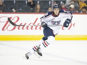 Defenceman Tom Cadieux, shown with the Tri-City Americans on Nov. 8, 2019, was acquired by the Regina Pats on Oct. 20.