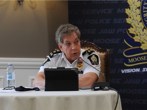 Moose Jaw police chief Rick Bourassa speaks at the city's Board of Police Commissioners meeting on Oct. 20, 2020 in Moose Jaw, Sask. Evan Radford/Regina Leader-Post.