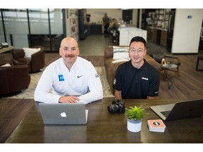 Jeph Maystruck, left, and Brandon Wu, co-founders Strategy Lab, have joined forces with Alberta's Kevin Koe to stream curling matches on Facebook Live during the COVID-19 pandemic.