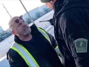 A screen shot from a video showing Ward 7 city council candidate John Gross in an altercation with Unifor members on Dec. 18, 2019 during the lockout at the Co-op refinery in Regina.