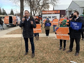 Saskatchewan NDP Leader Ryan Meili delivers a speech in front of about a dozen supporters along Eighth Street in Saskatoon on Sunday, Oct. 25, the last day of campaigning for Monday's provincial election. (Phil Tank/Saskatoon StarPhoenix)