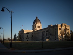 This file photo shows the Saskatchewan Legislative Building lit by a low sun on the day of the Saskatchewan provincial election on Oct. 26, 2020. Registered political parties in the province have filed their annual fiscal returns for the year 2021, which are now available publicly online.