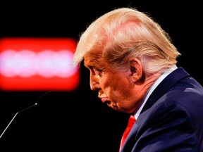 U.S. President Donald Trump reacts during the final presidential debate at Belmont University in Nashville, Tennessee, on October 22, 2020.