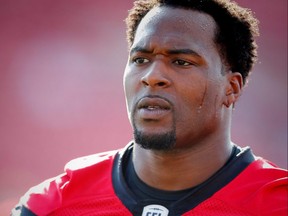 Jerome Messam during a Stampeders warm-up in Calgary on June 29, 2017.