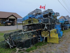 Lobster traps belonging to fishermen of the Sipekne'katik band, which were seized in protest by non-native fishers, lie dumped outside the federal Department of Fisheries and Oceans (DFO) office in Meteghan, Nova Scotia, September 22, 2020.