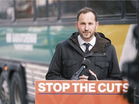 Saskatchewan NDP Leader Ryan Meili during a press conference held at the former STC bus depot. Meili said his government would bring back some form of the STC provincial bus company.