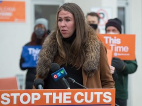 Saskatchewan New Democratic Party candidate Aleana Young speaks to media in Regina on Oct. 24, 2020. The next day, she gave birth to her first child.