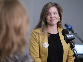 Newly elected NDP MLA Meara Conway arrives to a press conference at the Delta Hotel in Regina. Conway won the riding of Regina Elphinstone-Centre.