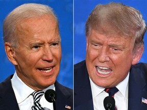 In this file combination of pictures created on September 29, 2020 Democratic Presidential candidate and former US Vice President Joe Biden (L) and US President Donald Trump speak during the first presidential debate at the Case Western Reserve University and Cleveland Clinic in Cleveland, Ohio.