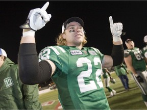 Stu Foord, shown celebrating after the Saskatchewan Roughriders won the 2009 West Division title at Taylor Field, is remembered as one of the nicer people to have played for the CFL team.