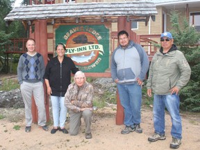(From left) Michael Nest, Deanna Reder, Eric Bell, Stanley Roberts and Thompson McKenzie are pictured in front of Beaver Lodge Fly-Inn. Bell, Reder and Nest co-wrote the 2020 U of R Press book, Cold Case North. Roberts and McKenzie were the sonar team to help their investigation into the 1967 disappearance of Absolom Halkett and James Brady.
