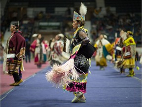 Ladies traditional dancers perform during the First Nations University Powwow at the Brandt Centre in April 2019.