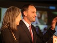 NDP Leader Ryan Meili reacts to the news of another Saskatchewan Party majority with his wife Mahli Brindamour at the Delta Hotels by Marriott. (Michelle Berg / Saskatoon StarPhoenix)