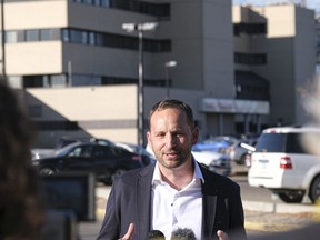 Ryan Meili, Saskatchewan NDP Leader, speaks to reporters during a press confrence held at near the Pasqua Hospital. Meili talked about the ways the NDP would improve health care.