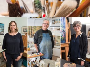 Rhonda Sentes (from left), Larry Jackson and DeLee Grant are members of Brushworks Art Guild in Regina. They are each pictured in their home studios in October 2020.