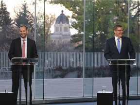 CP-Web. Saskatchewan Party Leader Scott Moe and Saskatchewan NDP Leader Ryan Meili laugh before the start of the Leaders' Debate at the Provincial Archives in Regina on Wednesday Oct. 14, 2020.