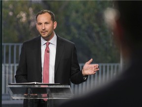 Saskatchewan NDP Leader Ryan Meili speaks during the leaders debate at the Provincial Archives in Regina on Wednesday, Oct. 14, 2020. Meili is pitching his party as an option for disenfranchised Saskatchewan Party voters to consider on election day Oct. 26.