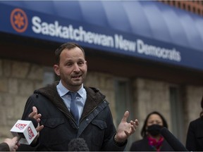 NDP Leader Ryan Meili speaks during a media availability in Saskatoon on Wednesday, October 28, 2020.