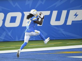 University of Regina Rams product Tevaughn Campbell, now of the Los Angeles Chargers, scores his first NFL touchdown after intercepting New York Jets quarterback Joe Flacco on Sunday.