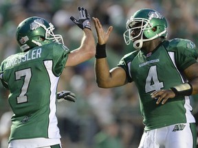 Weston Dressler, left, and Darian Durant were both automatic choices for the Saskatchewan Roughriders all-decade team.