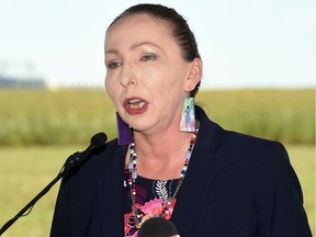 Sakimay Chief Lynn Acoose speaks at a press conference near Regina, Sask. in July 2016.