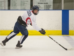 Highly touted American-born prospect Braxton Whitehead, shown at the Regina Pats' spring camp in 2019, is now playing for the Saskatchewan Male AAA Hockey League's Notre Dame Hounds.