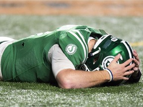 Saskatchewan Roughriders’ quarterback Cody Fajardo reacts after the final play of the CFL's 2019 West Division final — a 20-13 loss to the Winnipeg Blue Bombers at Mosaic Stadium. The game ended when Fajardo's pass into the end zone hit the crossbar.
