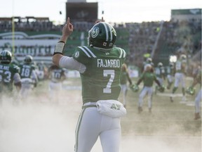 Saskatchewan Roughriders' quarterback Cody Fajardo makes his way onto the field before Western Final CFL action at Mosaic Stadium in Regina.