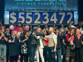 The total amount of donations collected during Telemiracle is shown on stage during the telethon held at the Conexus Arts Centre on Lakeshore Drive in Regina, Saskatchewan on Mar. 8, 2020. BRANDON HARDER/ Regina Leader-Post