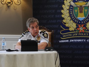 Moose Jaw police chief Rick Bourassa speaks at the city's Board of Police Commissioners meeting on Oct. 20, 2020 in Moose Jaw, Sask. EVAN RADFORD files