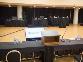 A view of the makeshift courtroom used for the Erica Hill O'Watch jury trial at the Conexus Arts Centre in Regina, Saskatchewan on Oct. 22, 2020.