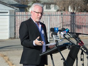 Regina mayoral candidate Jerry Flegel speaks to media during a news conference held at the site of the old Taylor Field in Regina, Saskatchewan on Nov. 3, 2020.