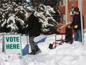 Voters headed to the polls despite the heavy snowfall. Photo taken in Saskatoon, SK on Monday November 9, 2020.