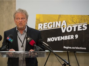 Jim Nicol, Returning Officer for the 2020 Regina Municipal/School Board Election speaks to media regarding voter turnout during a news conference held at Regina City Hall in Regina, Saskatchewan on Nov. 12, 2020.