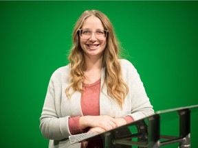 Tourism Regina's Ashley Stone stands in front of a green screen at an IKS Media studio on Turvey Road in Regina, Saskatchewan on Nov 18, 2020. It is at that venue where Stone will be involved in producing Collaborate and Connect, a virtual conference for the tourism industry.