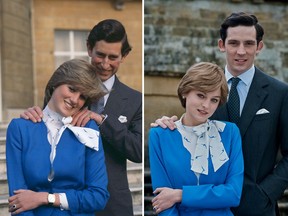 Prince Charles laughing with his Lady Diana Spencer outside Buckingham Palace after announcing their engagement. And the scene, recreated in season four of The Crown by actors Emma Corrin and Josh O'Connor.