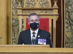 Lieutenant Governor Russ Mirasty delivers the Throne Speech at the Legislative Building in Regina on Monday Nov. 30, 2020.