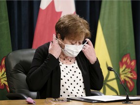 Deputy Premier and Minister of Finance Donna Harpauer speaks at a press conference during a mid-year financial update at the Legislative Building.