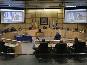 Mayor Sandra Masters speaks after a swearing in ceremony of the 2020 - 2024 city council at City Hall. On Wednesday councillors made their way back to Henry Baker Hall for executive committee.