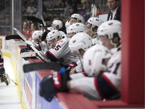 Regina Pats players show their dejection after a 3-0 loss to the Acadie-Bathurst Titan in the 2018 Memorial Cup final at the Brandt Centre.